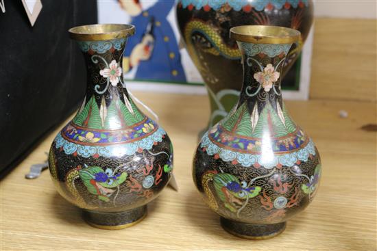 A Chinese cloisonne shallow bowl decorated with dragons and six similar vases, Dia 19.5cm